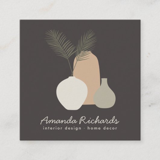 陶器素朴のデコの植物ボホ茶色のインテリア スクエア名刺 (正面)