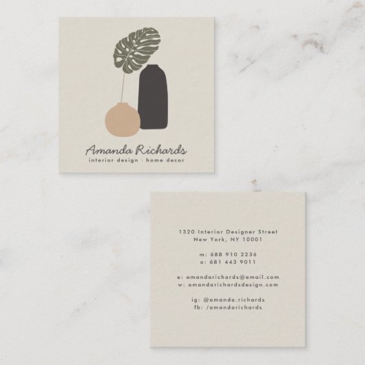 陶器素朴のデコ植物ボホベージュインテリア スクエア名刺 (正面/裏面)