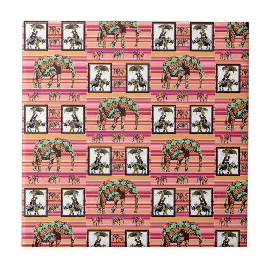 陶磁器タイルのアフリカ人女性ゾウ タイル (正面)