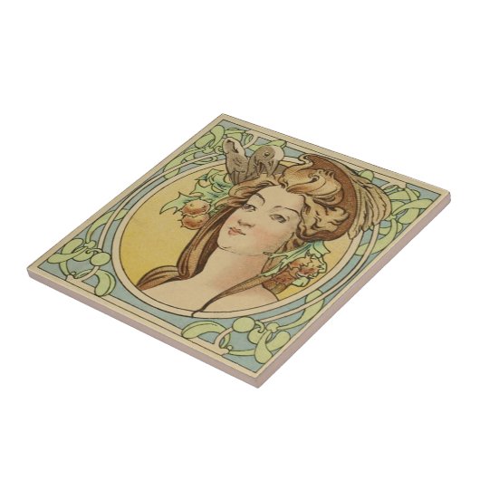 陶磁器ヴィンテージのフランスのな女性アールヌーボー タイル (側面)
