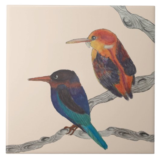 陶芸カラフル瓦の上の鳥 タイル (正面)