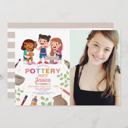 陶芸工芸陶芸ポット写真誕生日 招待状 (正面/裏面)