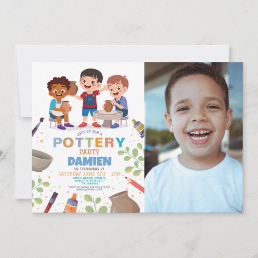 陶芸工芸陶芸Clay Art Photo Boys誕生日 招待状 (正面)
