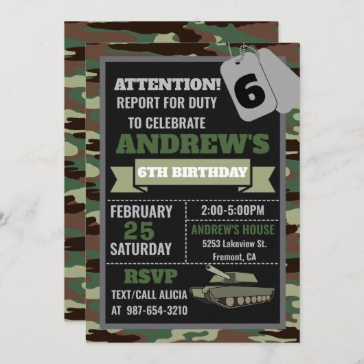 陸軍の招待、迷彩柄軍隊の誕生日の招待 招待状 (正面/裏面)