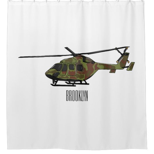 陸軍ヘリコプター漫画イラストレーション シャワーカーテン (正面)