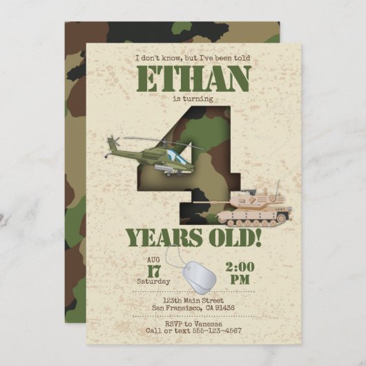 陸軍招待状- 4番目の誕生日招待状 招待状 (正面/裏面)