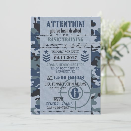 陸軍海軍カモフラージュ軍隊誕生日 招待状 (スタンド正面)