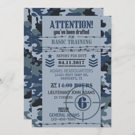 陸軍海軍カモフラージュ軍隊誕生日 招待状 (正面/裏面)