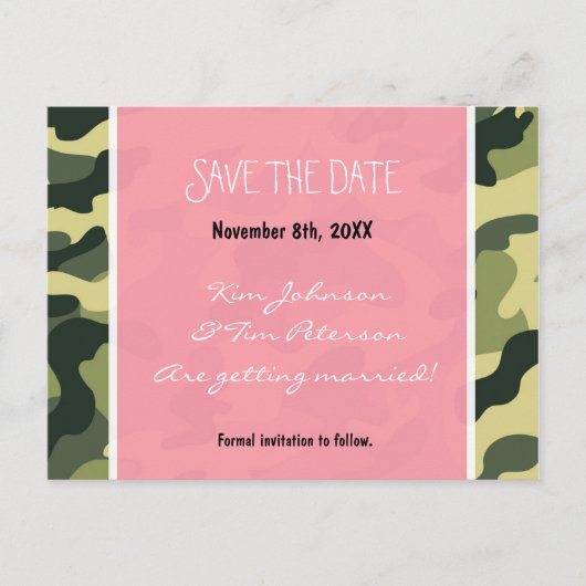 陸軍迷彩柄迷彩&ピンクポストカード日付を保存 案内ポストカード (正面)