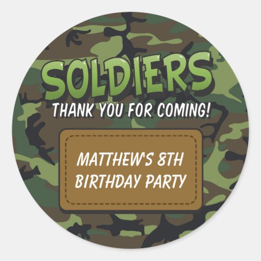陸軍迷彩漫画テーマ子供の誕生日シール ラウンドシール (正面)