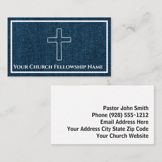 険しいブルーデニム十字教会牧師 名刺 (正面/裏面)