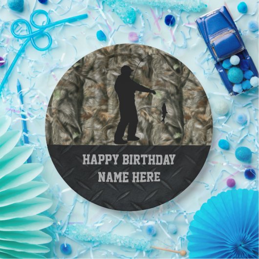 険しい大人の迷彩柄の魚釣りの誕生日のプレート ペーパープレート (パーティー)