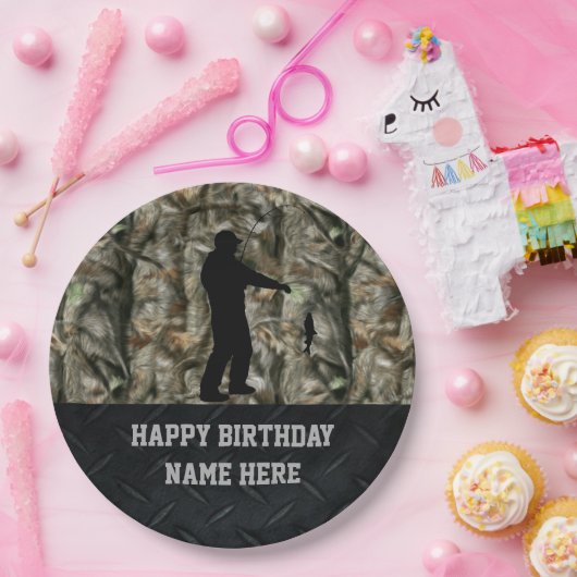 険しい大人の迷彩柄の魚釣りの誕生日のプレート ペーパープレート (パーティー)