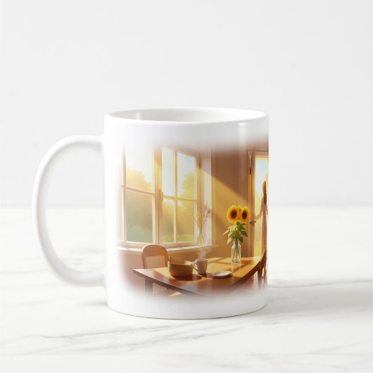 陽だまりのキッチンと庭の朝の平和マグ コーヒーマグカップ (左)