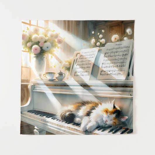 陽だまりのピアノと猫のカントリーロア タペストリー (正面)
