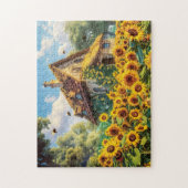 陽に照らされたひまわり花の農家 ジグソーパズル (縦)