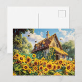 陽に照らされたひまわり花の農家 ポストカード (正面/裏面)