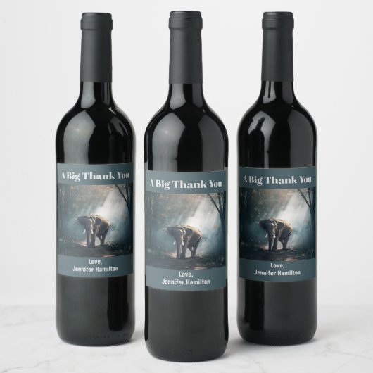 陽に照らされた森の中のアジアゾウありがとう ワインラベル (ボトル)