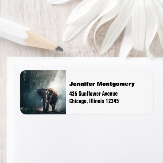 陽に照らされた森の中のアジアゾウ ラベル (インサイチュ)