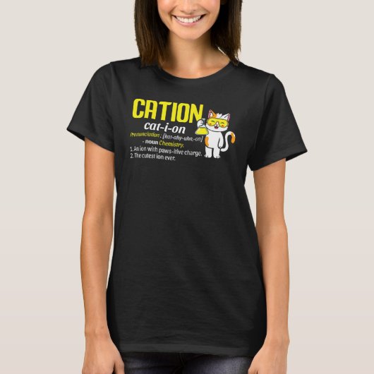 陽イオンの化学しゃれ 猫 科学の先生 Tシャツ (正面)