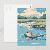 陽光あふれる夏の川を泳ぐかわいいカワウソ ポストカード (正面/裏面)