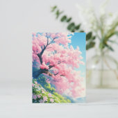 陽光あふれる緑の丘陵に立つ桜の木 ポストカード (スタンド正面)