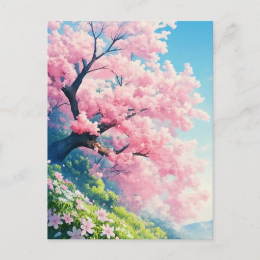 陽光あふれる緑の丘陵に立つ桜の木 ポストカード (正面)