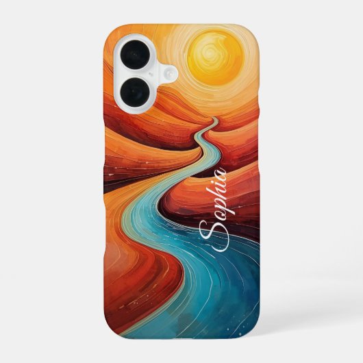 陽光の道 – 抽象的な曲がりくねった川のアートプリント iPhone 16ケース (裏面)