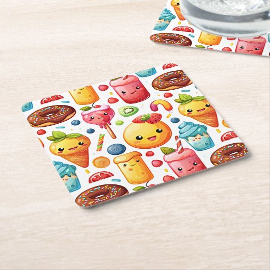 陽気でおもしろいかわいいスイーツ スクエアペーパーコースター (アングル)
