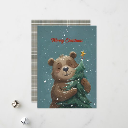 陽気で可愛いクマ抱きクリスマスツリー シーズンカード (正面/裏面インサイチュ)