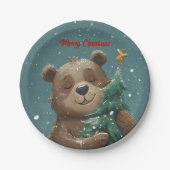 陽気で可愛いクマ抱きクリスマスツリー ペーパープレート (正面)