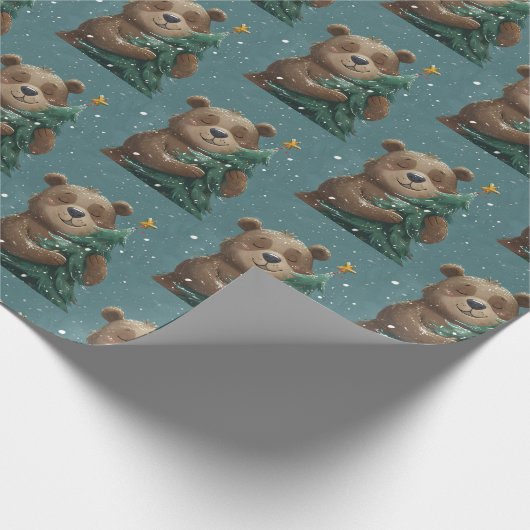 陽気で可愛いクマ抱きクリスマスツリー ラッピングペーパー (角)