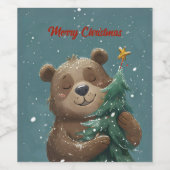 陽気で可愛いクマ抱きクリスマスツリー ワインラベル (シングルラベル)
