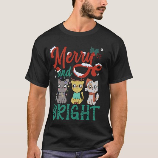 陽気で明るいネコのクリスマス Tシャツ (正面)