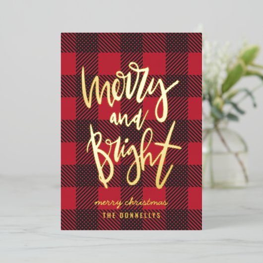 陽気で明るい赤のチェック柄のホリデーシーズン 箔シーズンカード (立ち正面)