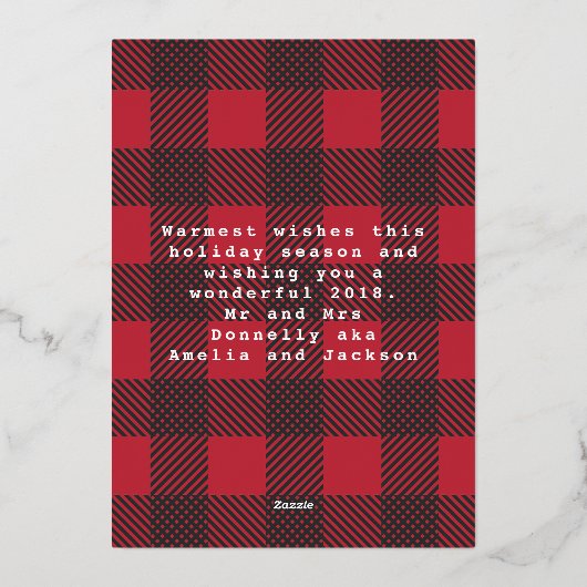 陽気で明るい赤のチェック柄のホリデーシーズン 箔シーズンカード (裏面)