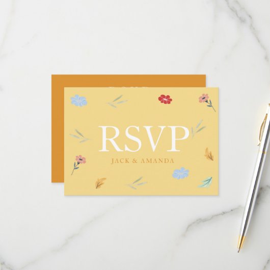 陽気で楽しいカラフルフローラRSVP応答カード 出欠カード (正面/裏面インサイチュ)