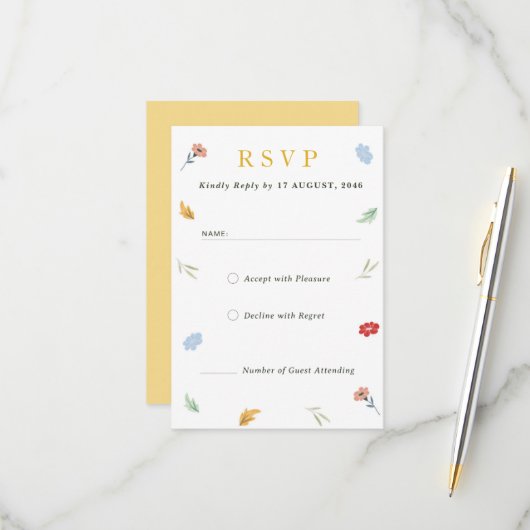 陽気で楽しいカラフルフローラRSVP応答カード 出欠カード (正面/裏面インサイチュ)