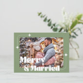 陽気で結婚した写真 新婚 カップル レトロ グリーン シーズンカード (スタンド正面)
