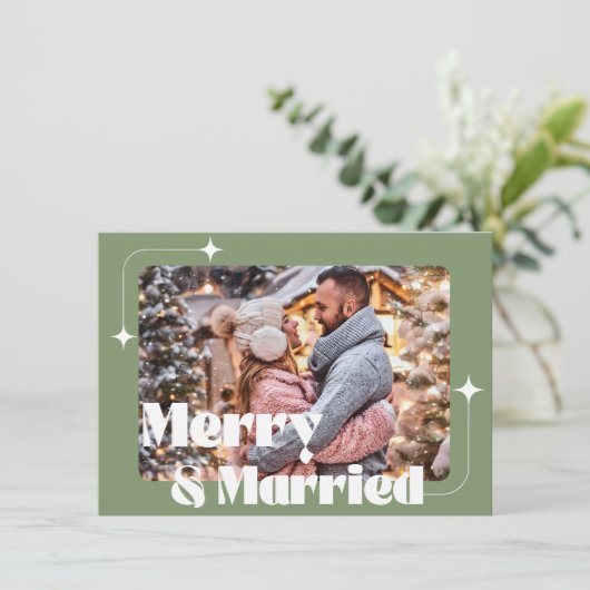 陽気で結婚した写真　新婚　レトロな緑 シーズンカード (スタンド正面)