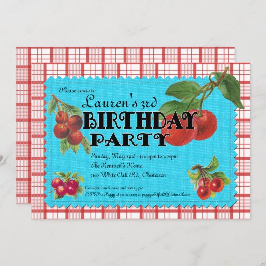 陽気なさくらんぼ誕生日パーティーの招待 招待状 (正面/裏面)