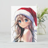陽気なアニメの女の子 サンタ帽子 明るい青い目 シーズンカード (スタンド正面)