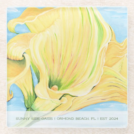 陽気なイエローカラリリーバケーションホーム ガラスコースター (正面)