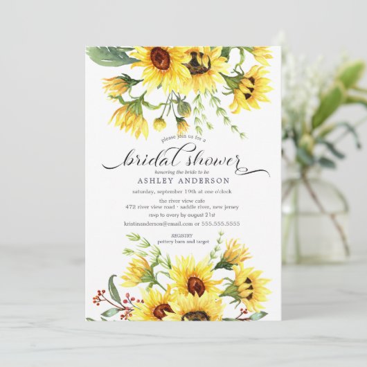 陽気なイエローサンフラワーフローラブライダルシャワー 招待状 (スタンド正面)