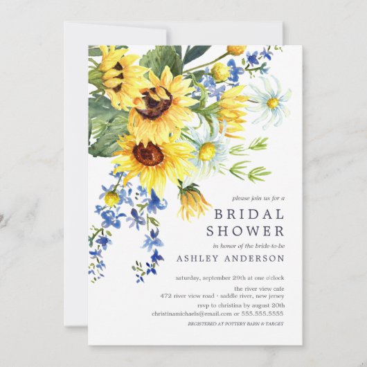 陽気なイエローサンフラワーブライダルシャワー 招待状 (正面)