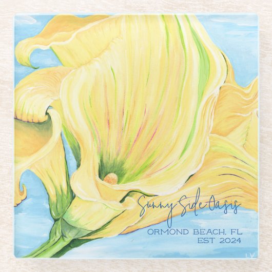 陽気なイエローバケーションホームカラリリー ガラスコースター (正面)