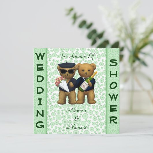 陽気なウェディングシャワーのAppleのテディー・ベアの招待 招待状 (スタンド正面)
