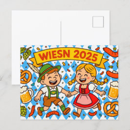 陽気なオクトーバーフェストカップルとプレッツェルとビール シーズンポストカード