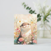 陽気なカワウソの野の花の草原 ポストカード (スタンド正面)