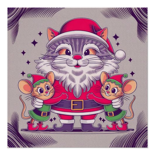陽気なキャットサンタ小妖精や小人ネズミお洒落クリスマス ポスター (正面)